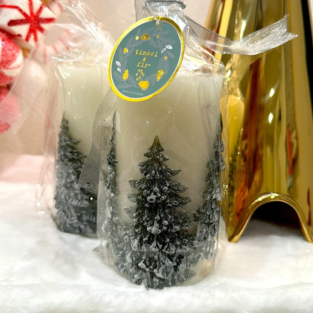 2- 3x6 Snowy Forest Treed‎ Pillar Candles